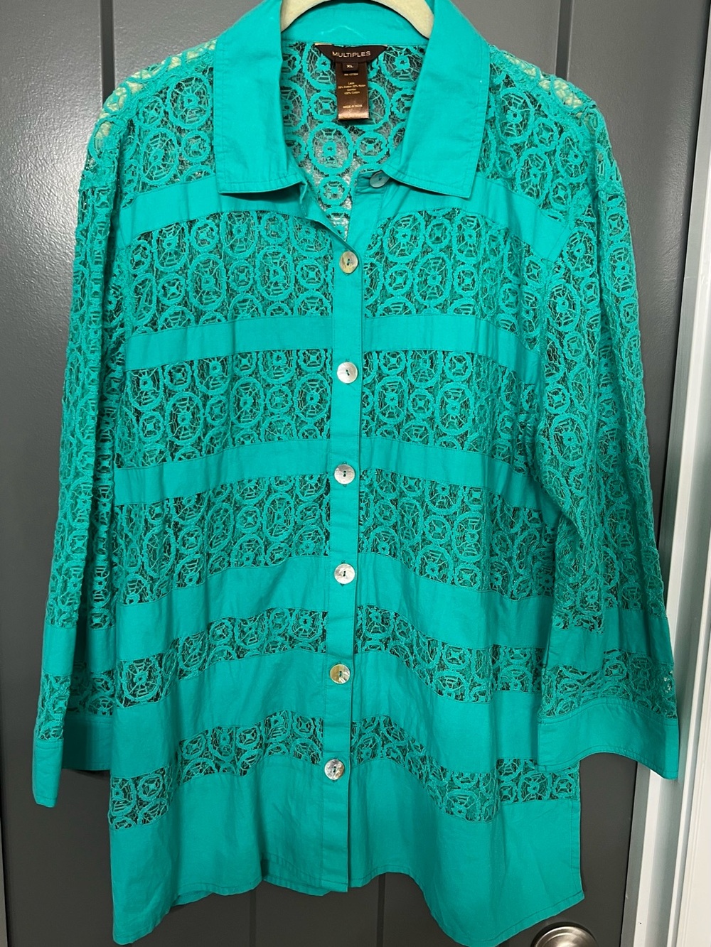 MULTIPLES green Lace-Striped Button Front Blouse size XL